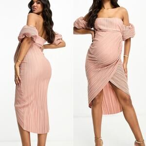ASOS Maternity Off Shoulder Wrap Plisse Midi Dress Pink